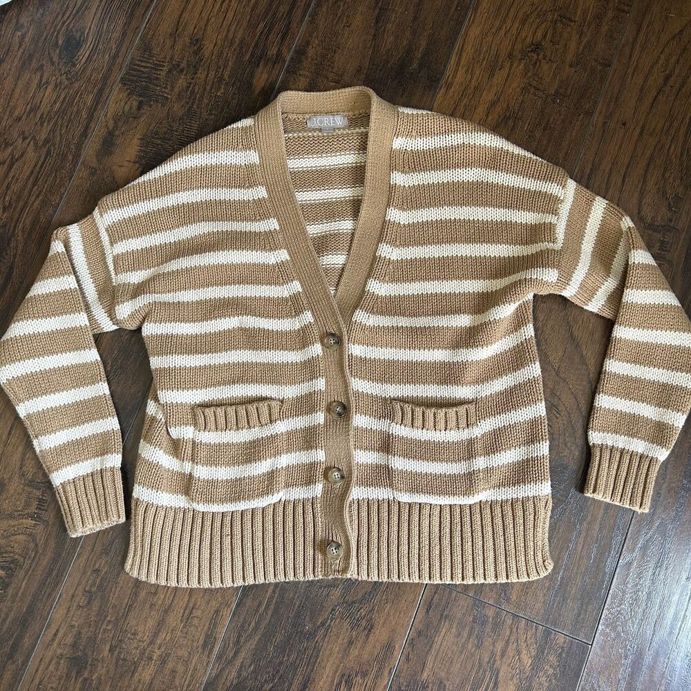 J. Crew Heritage cotton relaxed cardigan in Tan stripe Womens small Button front